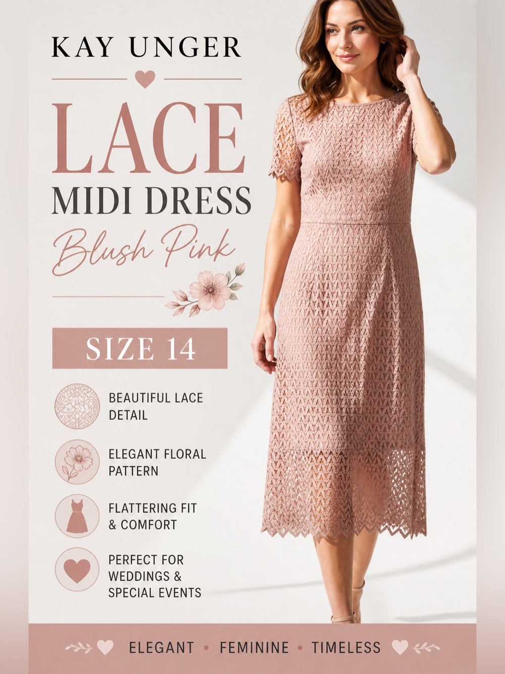 Kay Unger Lace Midi Dress Size 14 Blush Pink Wedding Guest Formal